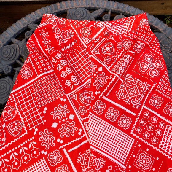 Vintage 1960s 1970s Red White Western Bandana Patchwork Print Wide Pants Sz XXS - Picture 7 of 12